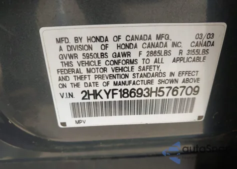 2003 Honda Pilot Ex-L from USA, damaged, VIN 2HKYF18693H576709